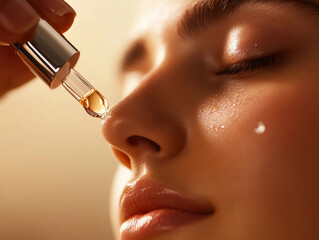 young woman with dewy, glowing skin, applying a gentle, natural face serum with a dropper. The background is blurred, focusing on the face and the serum bottle