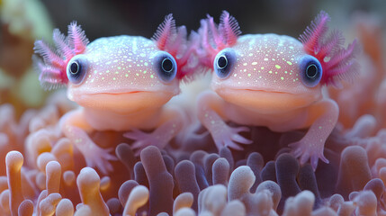 Poster - illustration of two cute colorful baby axolotls in water