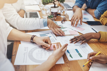 Poster - Team, hands and documents in office for meeting, budget planning and networking strategy. Business people, finance paper and tech at table for research analysis, projection or creative startup report