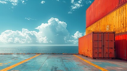 A shipping dock with containers of water being loaded onto a cargo ship, with the sea and horizon in the background