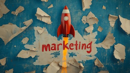 Wall Mural - Rocket taking off with the word marketing coming out of torn paper on the blue wall