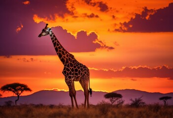 vibrant giraffe silhouette framed radiant sunset backdrop warm hues, colors, orange, pink, yellow, sky, clouds, landscape, nature, eve, light, shadow