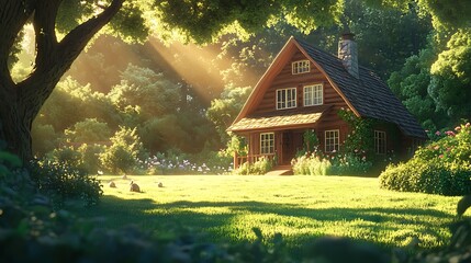 Poster - A Cozy Wooden Cabin Nestled in a Sun-Dappled Forest Clearing