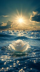 Wall Mural - White rose floating on ocean waves at