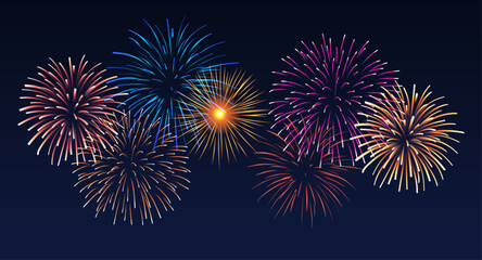 Vector decorative border with colorful exploding fireworks in the sky - celebration card, festival banner