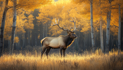 Portrait of a free and wild elk on autumn golden forest background, noble stag , autumn hunting season