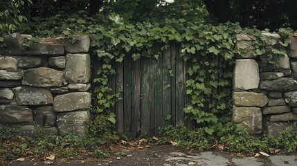 Wall Mural - An old stone fence overgrown with ivy and moss