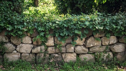 An old stone fence overgrown with ivy and moss