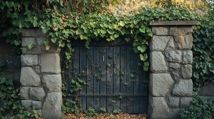 Wall Mural - An old stone fence overgrown with ivy and moss