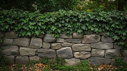 Wall Mural - An old stone fence overgrown with ivy and moss