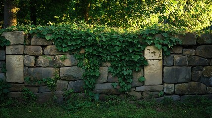 Wall Mural - An old stone fence overgrown with ivy and moss