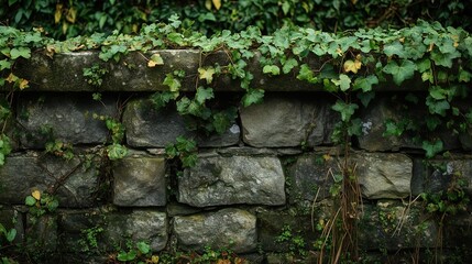 An old stone fence overgrown with ivy and moss