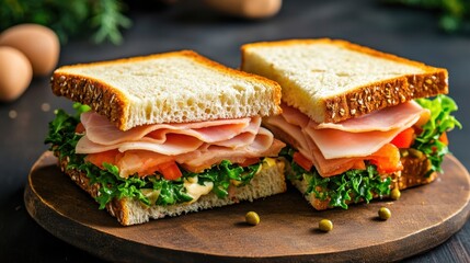 Wall Mural - Ham and Swiss cheese sandwich being cut in half, revealing layers of fresh ingredients