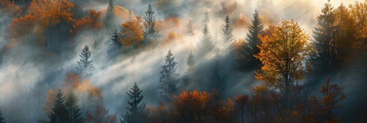 Wall Mural - Sunlight filtering through fog in an autumn forest in the mountains.