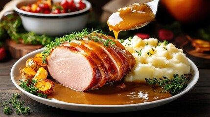 Sticker - Ham being served with a side of mashed potatoes and gravy, with a comforting, home-cooked feel