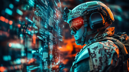 Poster - Futuristic Soldier in High-Tech Combat Gear with Virtual Interface and Digital Data Streams, Capturing Advanced Warfare and Cyber Defense Concepts