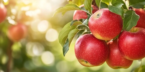 A close-up of a cluster of juicy, red apples on a farm tree, with a backdrop of autumn leaves and blurred greenery, emphasizing the natural, organic quality and vibrant color of the fruit