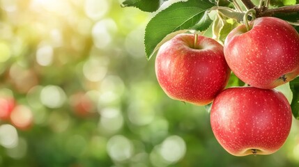 red apples hanging from a tree branch in an organic farm setting, with a natural, blurred background of greenery and fall foliage, highlighting the freshness and abundance of the harvest