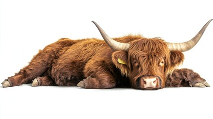 Wall Mural - An isolated cutout of a Scottish highland cow lying down on a transparent background, png file