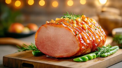 Sticker - Close-up of a perfectly glazed ham with a crispy outer layer, with a soft blur background of a rustic kitchen