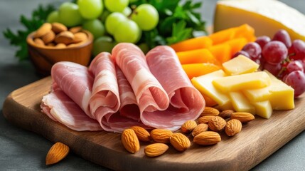 Sticker - Close-up of ham slices on a charcuterie board, paired with cheeses, nuts, and fruits