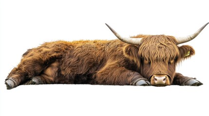 Wall Mural - This is an isolated cutout of a Scottish highland cow lying down on transparent background.