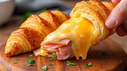 Poster - Ham and cheese croissant being pulled apart, with melted cheese stretching