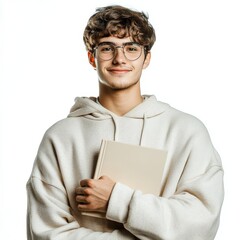 Smiley young student with backpack and glasses on transparent background