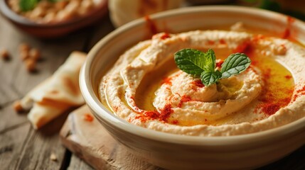 Delicious and homemade hummus as healthy and vegan snack Hummus served served olive oil and mint leaves