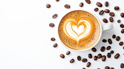 Isolated on transparent background is a cup of coffee with heart-shaped latte and beans