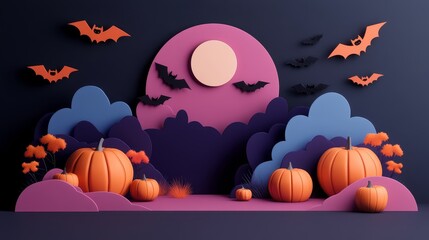 Vibrant Halloween landscape featuring pumpkins, bats, and a glowing moon in a creative paper cut-out style.