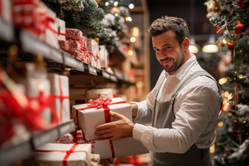 Man wrapping gifts in a cozy holiday shop adorned with decorations and twinkling lights during the festive season