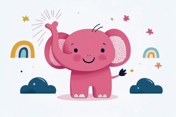 Poster - Cute Pink Elephant Waving Hello with Rainbow and Clouds