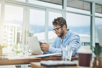 Poster - Finance, laptop and phone with business man at desk in office for audit, communication or tax. Accounting, budget and wealth management with happy bookkeeper in workplace for mobile administration