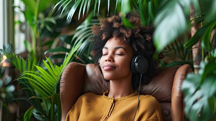 Stress free indoor plant sanctuary Young peaceful woman with closed eyes wearing headphones listening relaxation music and smiling while resting in armchair surrounded with tropical exotic plants