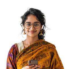 Poster - an indian smart women using phone , white background