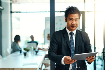 Poster - Business, portrait and man with tablet in office for investment, research and finance meeting. Corporate accountant, smile and face with tech for internal audit report, review and revenue evaluation