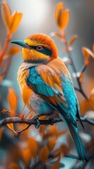 cinematic shot of a colorful bird on a branch, ultrarealistic details, bright plumage illuminated by