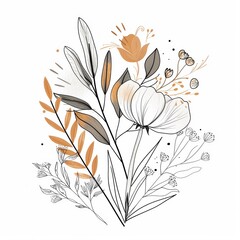 Abstract Boho floral foliage hand drawn line art drawing, Botanical garden plants, branches, leaves, flowers, herbs boho logo illustration on a white background