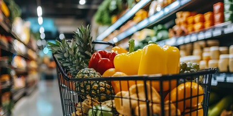 Vibrant Bounty: Fresh produce overflows in supermarket aisles, showcasing a colorful array of fruits and vegetables in a tempting display. 