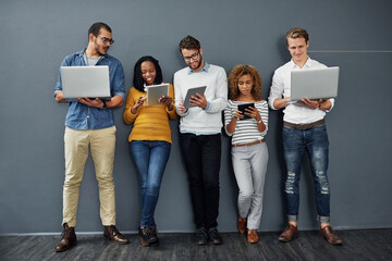 Poster - Recruitment, laptop and row with people for vacancy, wait and digital hiring on tablet. Diversity, job and employment candidate for onboarding, work opportunity or queue for human resources interview