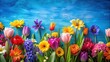 © sawaratch - Colorful spring flowers blooming on a vibrant blue background, spring, flowers, blooming, colorful, vibrant, blue, nature, petals