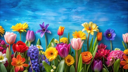 Colorful spring flowers blooming on a vibrant blue background, spring, flowers, blooming, colorful, vibrant, blue, nature, petals