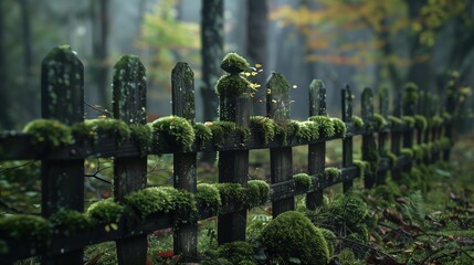 Wall Mural - An old wooden fence overgrown with moss and greenery