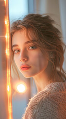 Sticker - Contemplative Teenage Girl Examining Reflection in Bedroom Mirror with Serious Expression and Bright Indoor Light