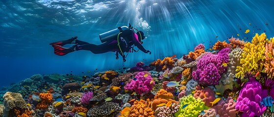 Scuba diver exploring coral reef.