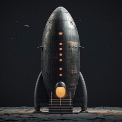 the spacecraft has a clearly visible door with a ladder leading down to the ground.