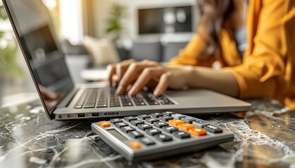 Wall Mural - Person working on laptop with calculator.