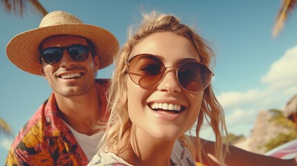 Attractive happy couple traveling in summer on bicycles, man and woman with blond hair boho hipster style fashion having fun together