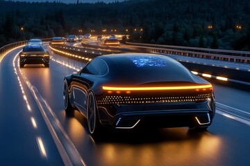 Poster -  Autonomous vehicles on smart highways, depicting the future of transportation